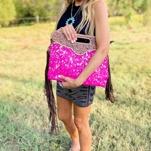 Tooled Leather Cowhide Fringe Tassel clutch crossbody purse pink + silver specs - Picture 7 of 11